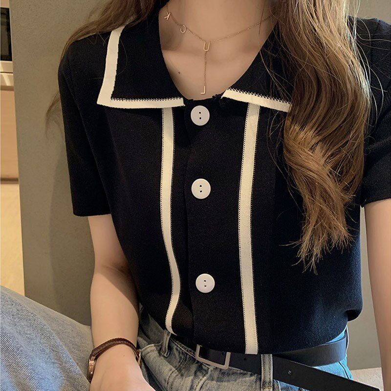 polo collar ice knit net red short sleeve t-shirt woman 2022 summer new ins loose inner hitch bottom shirt blouse
