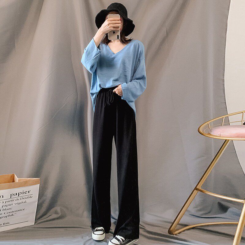 Wide-leg pants women's 2021 new spring and summer thin high-waisted hanging straight loose knitted mopping trousers drop sense is thin