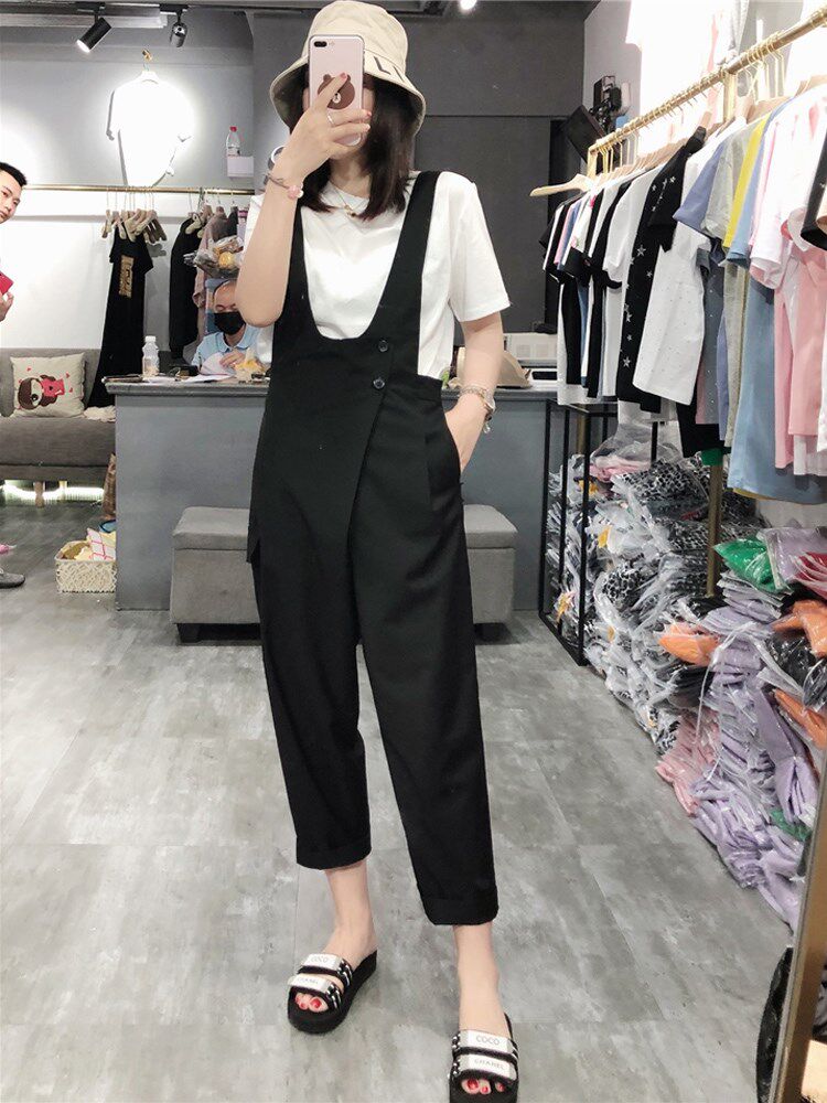 Suit holding baby bag pants summer women's thin belt 2022 new retro high waist loose wide leg nine points casual jumpsuit