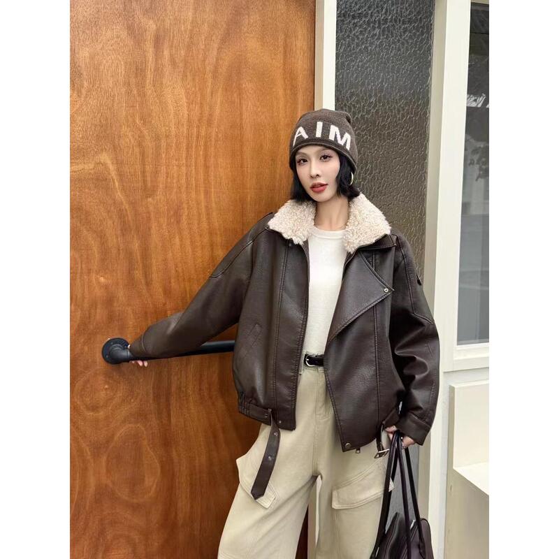 Cool and Stylish Lambswool Fur Collar Protein Leather Jacket for Women, Thickened down American-Style Biker Loose Jacket