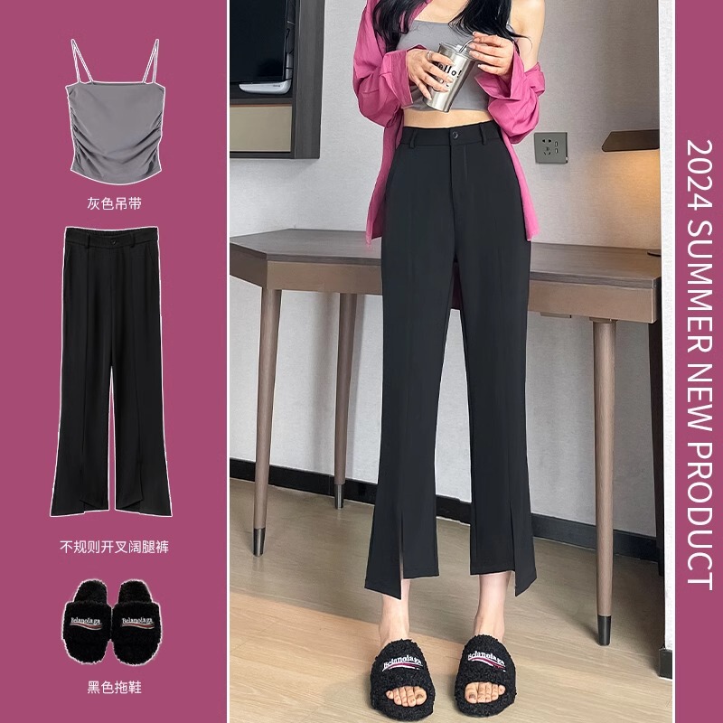 Women's Black High-Waisted Straight-Leg Flared Suit Pants for Spring and Summer, Irregular Cropped Pants for Petite Figures, with Drapey Split Hem Wide-Leg Design
