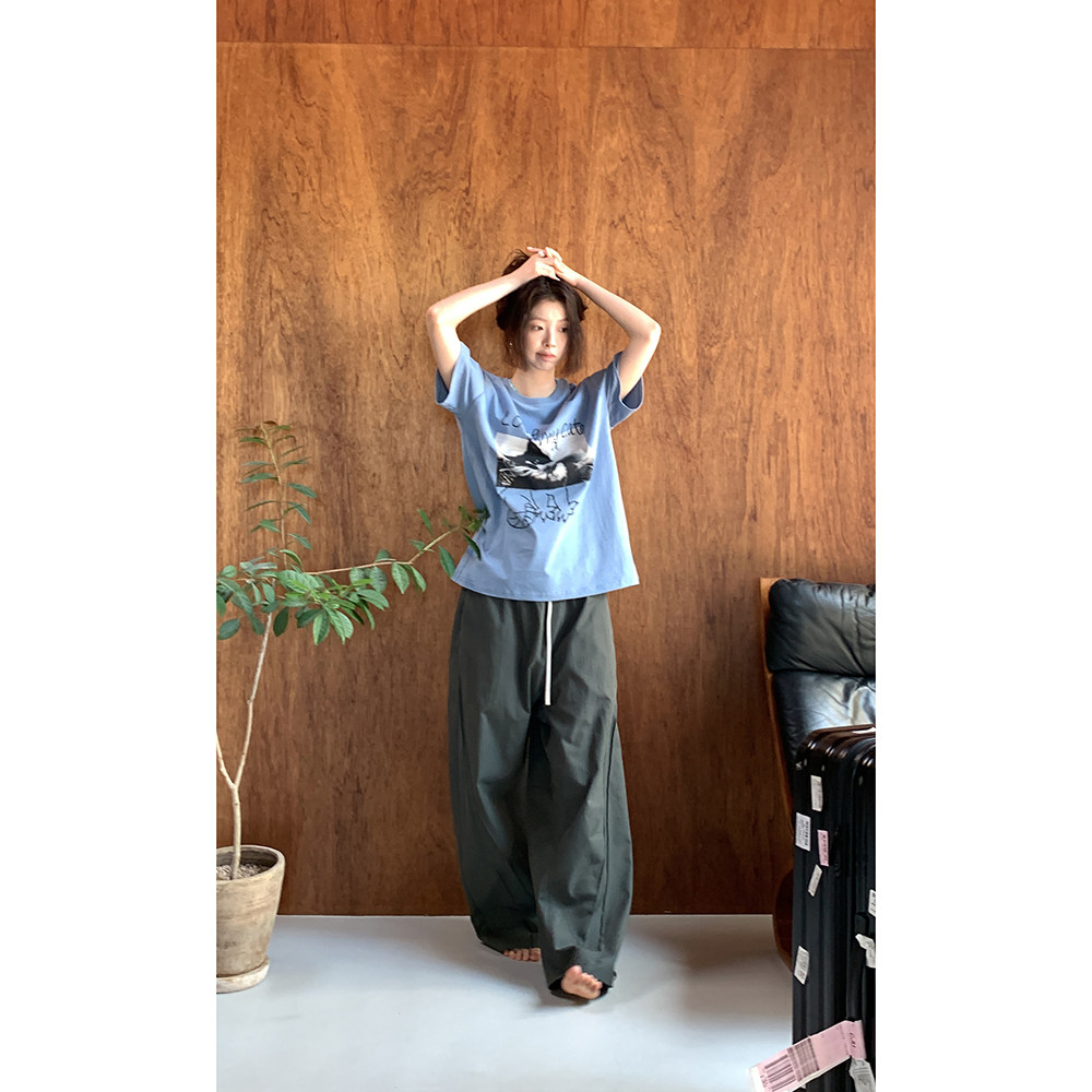 Hellooo Eat футболка с граффити принтом короткий рукав летняя круглый вырез свободная синяя хлопковая женская