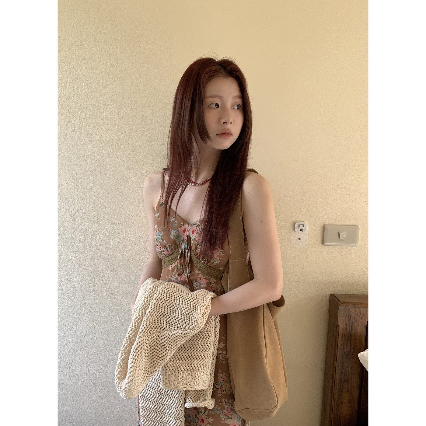 HelloooEat  法式复古碎花吊带连衣裙修身显瘦气质蕾丝花边中长裙