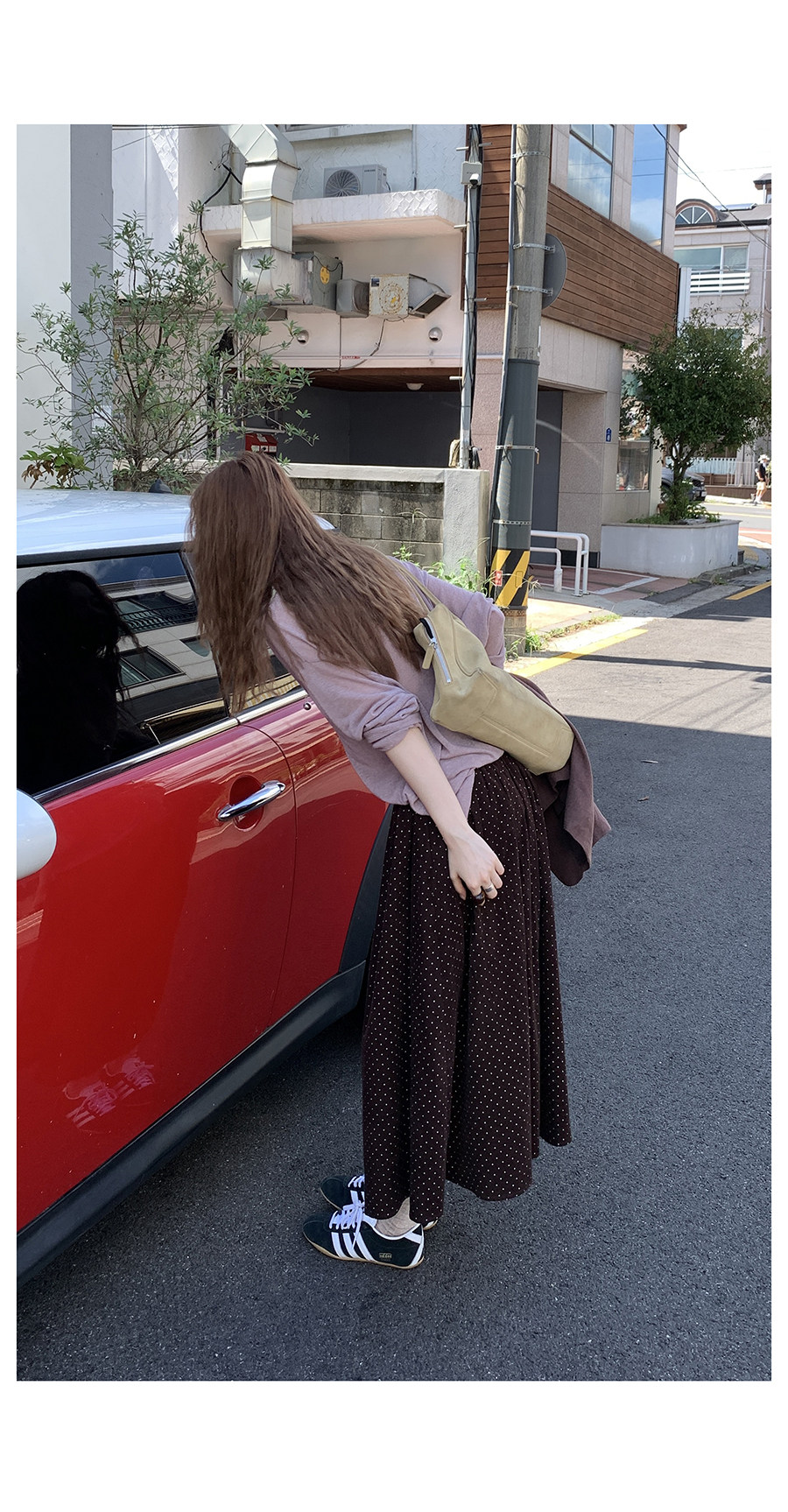 HelloooEat японская винтажная юбка в горошек осенняя коричневая универсальная стройнящая А-силуэта средней длины