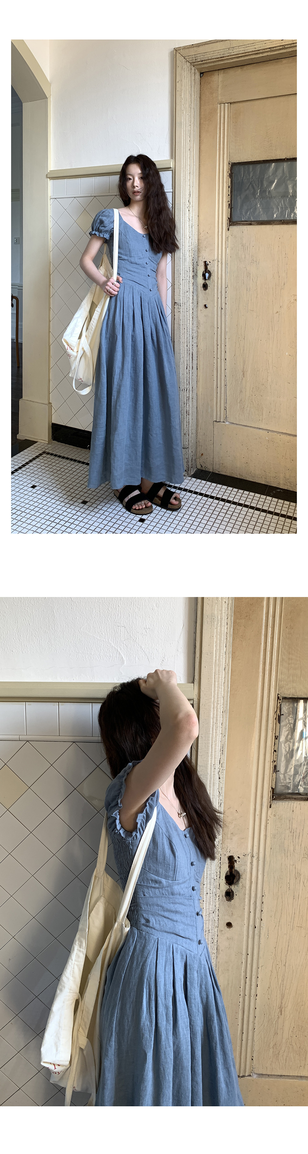 Hellooo Eat 100%亚麻气质吊带连衣裙2025夏季法式复古短袖中长裙