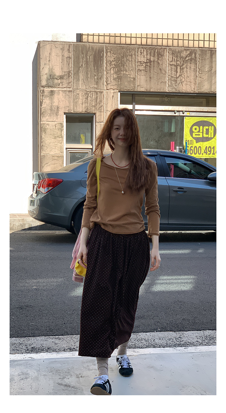 HelloooEat японская винтажная юбка в горошек осенняя коричневая универсальная стройнящая А-силуэта средней длины