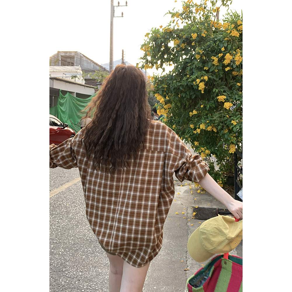 HelloooEat ретро универсальная рубашка в желтую клетку ранняя весна корейский стиль свободная повседневная стройнящая куртка на пуговицах