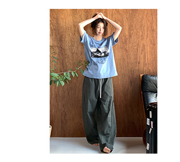 Hellooo Eat футболка с граффити принтом короткий рукав летняя круглый вырез свободная синяя хлопковая женская