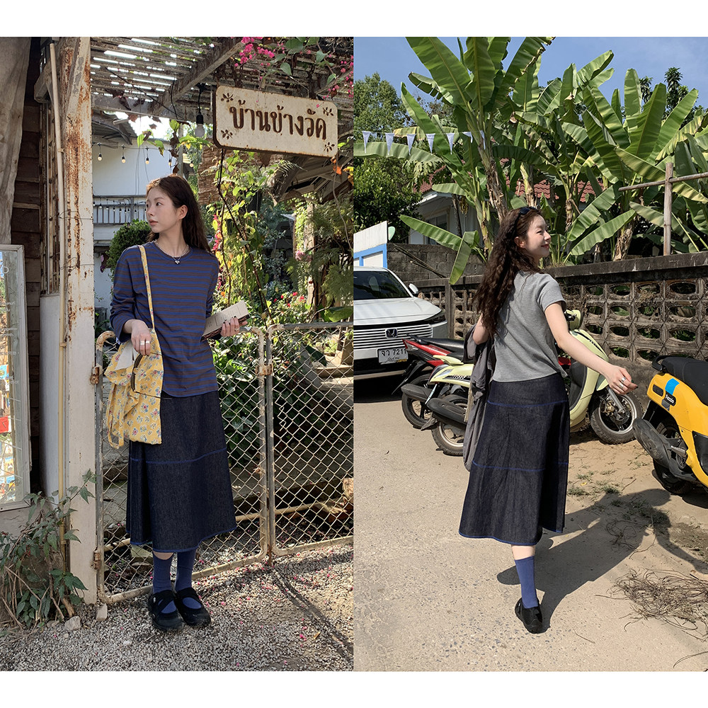 HelloooEat льняная юбка А-силуэта с контрастной отделкой джинсового цвета в винтажном стиле