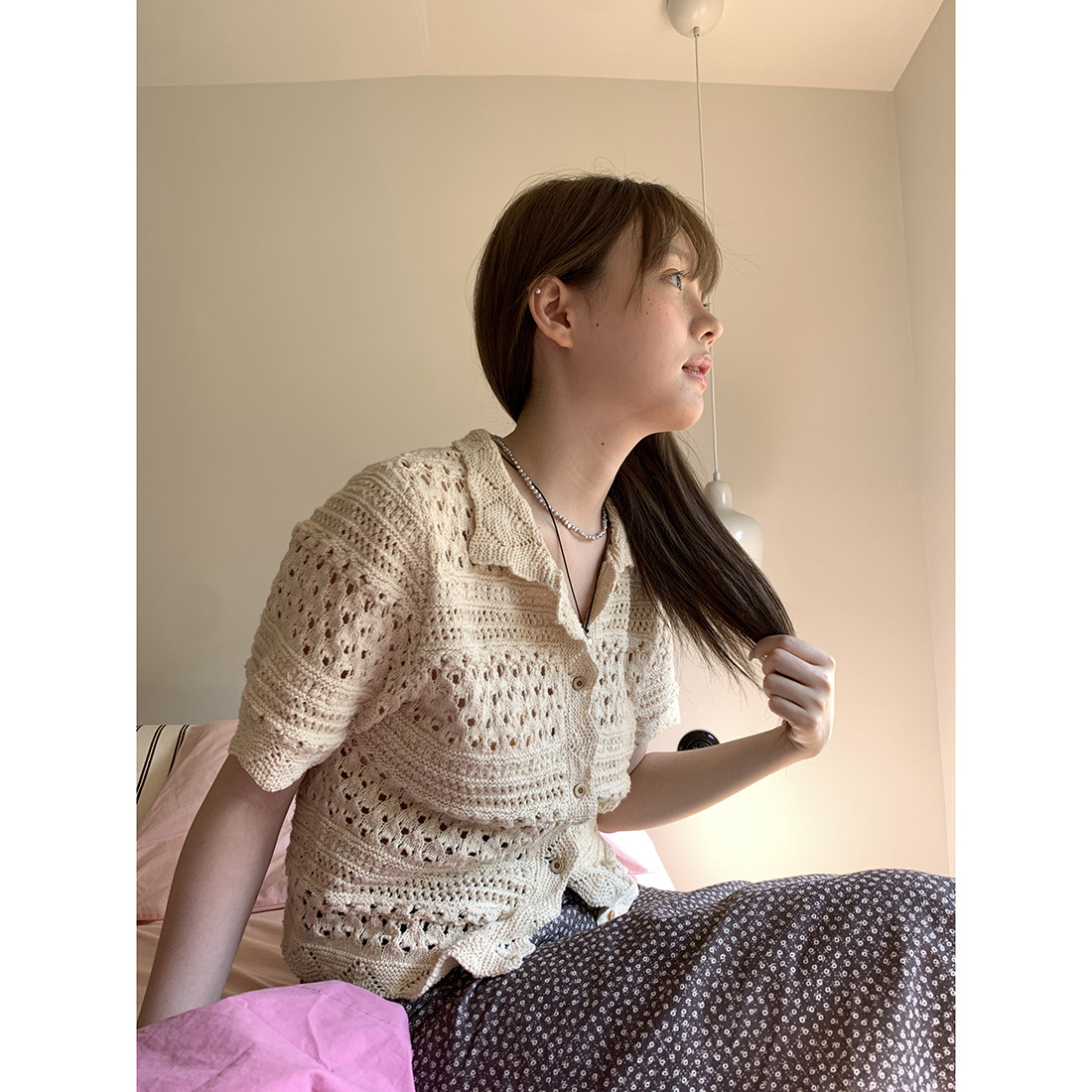 Hellooo Eat кардиган с ручной вязкой крючком в винтажном стиле 2025 абрикосовый с отложным воротником однобортный короткий рукав