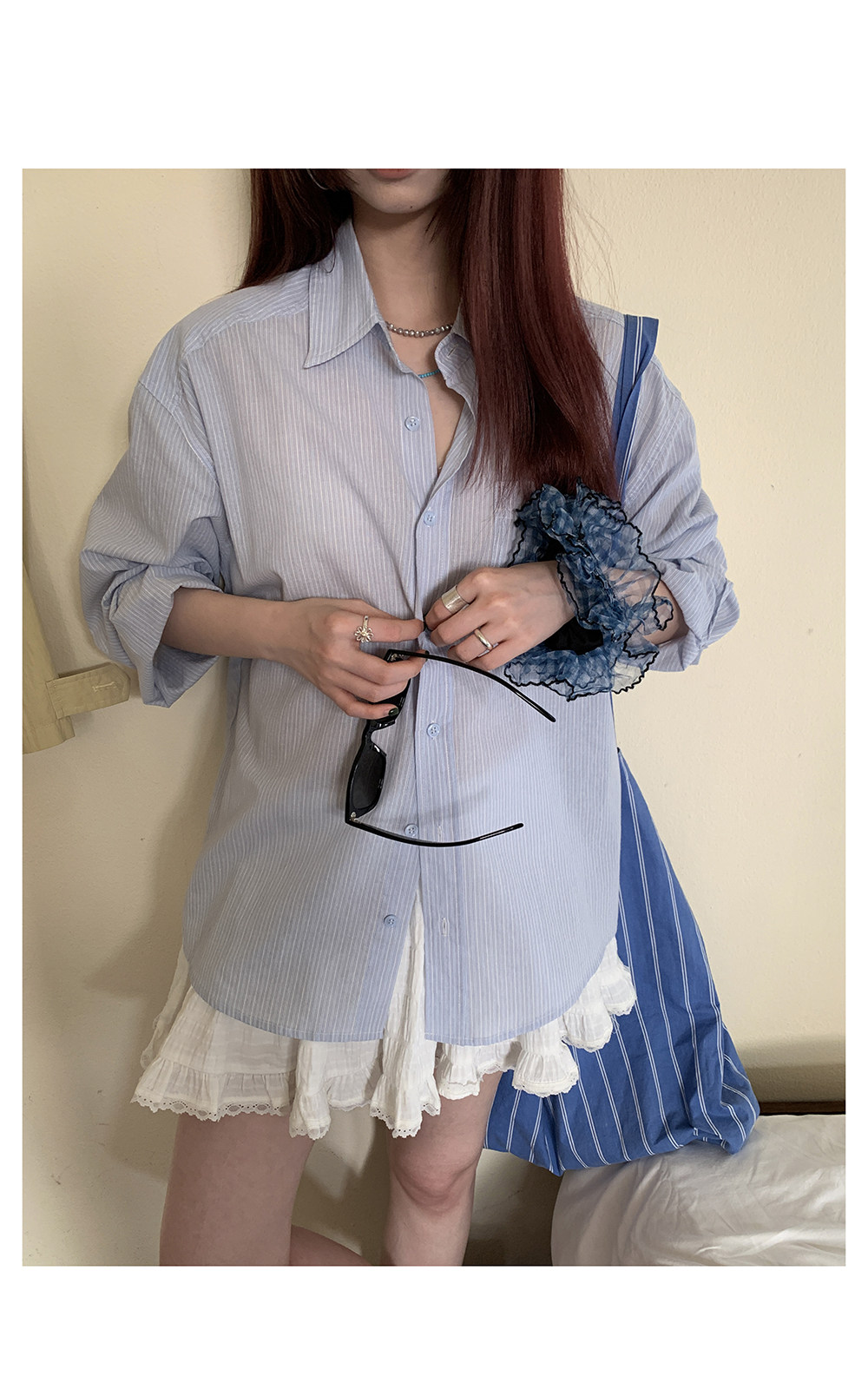 HelloooEat хлопковая легкая светло-голубая полосатая рубашка корейского стиля свободного кроя повседневная однобортная с длинными рукавами женская