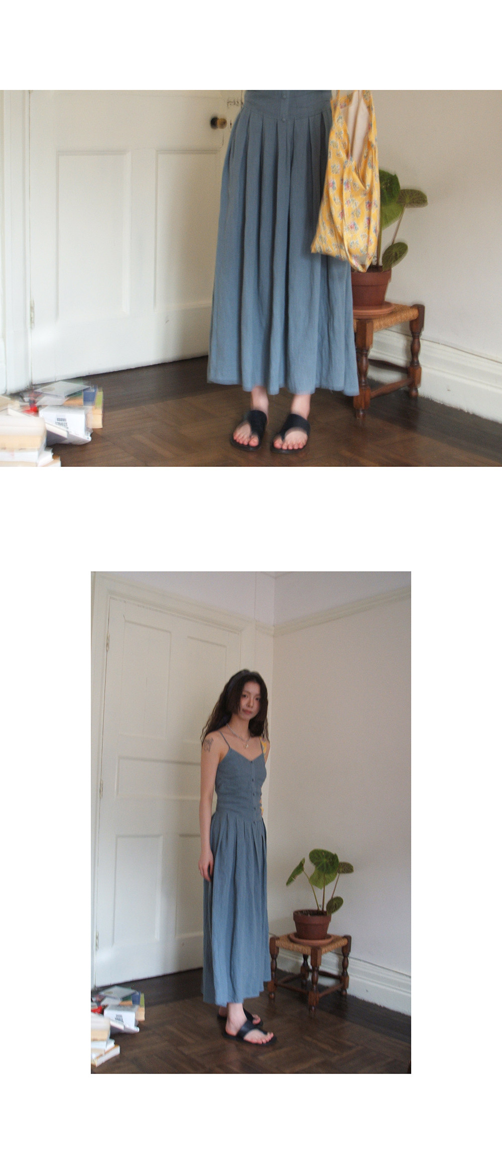 Hellooo Eat 100%亚麻气质吊带连衣裙2025夏季法式复古短袖中长裙