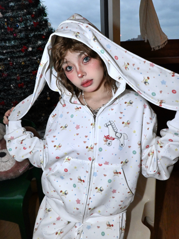 Ddre American-Style Design Cute All-Over Print Bunny Ears Set Women's Hooded Jacket Loose Casual Sweatshirt Two-Piece Set
