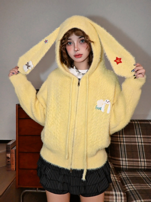 Ddre American Retro Preppy Style Hooded Knitwear with Rabbit Ears, Loose Casual Design, Lazy Style Knitwear