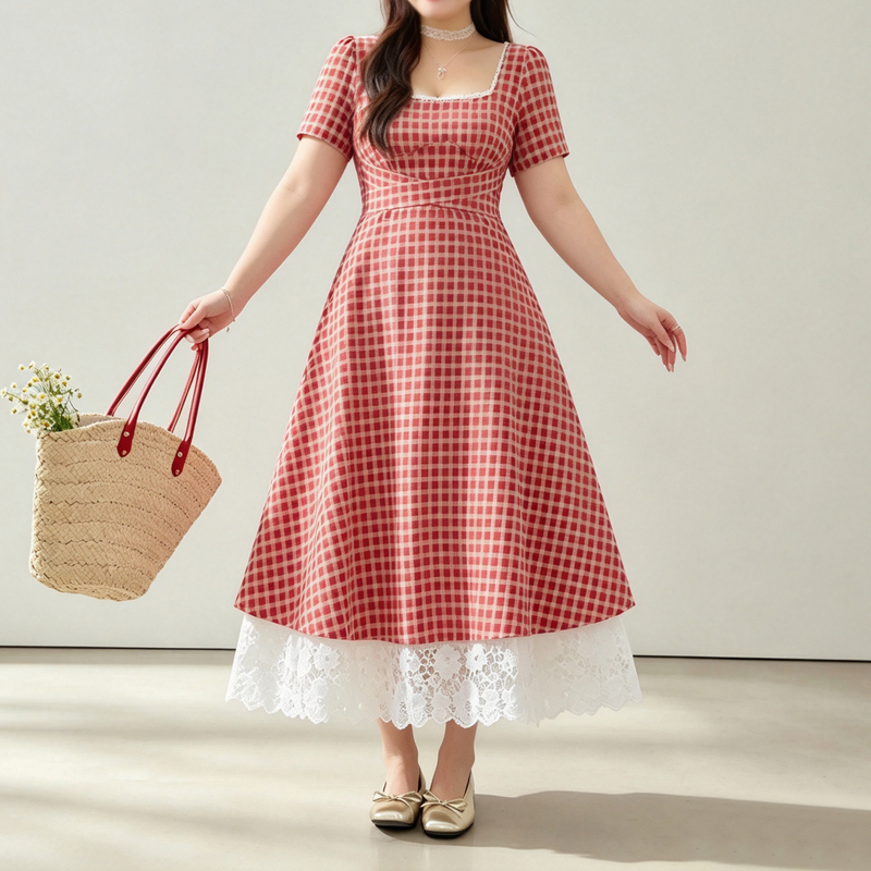 150kg Extra Large Size Imperial Style Dress for Plus Size Women, Slimming and Tummy-Concealing Red Plaid Dress, Bridesmaid Engagement Dress 260