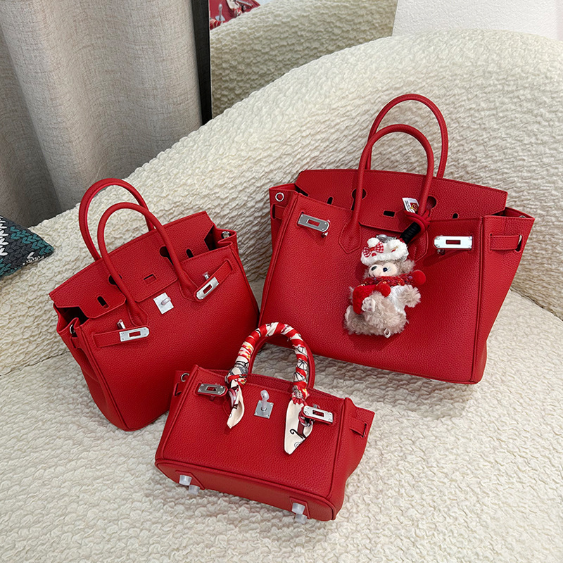 Lychee Pattern Platinum Gold-Plated Buckle Genuine Leather Handbag Large Capacity Kelly Bag Women's 2026 New Trendy Fashion Shoulder Bag Lychee Pattern Platinum Gold-Plated Buckle Genuine Leather Handbag Large Capacity Kelly Bag Women's 2026 New Trendy Fashion Shoulder Bag