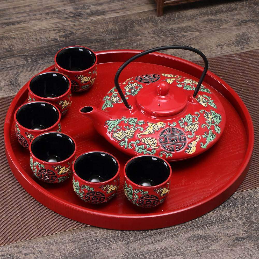 - Chinese style red porcelain webding tea setting thinking