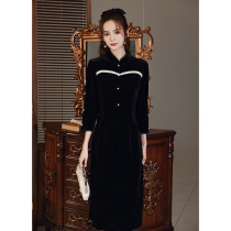 Cheongsam autumn and winter black long-sleeved velvet temperament young girl socialite thin improved version thickened dress