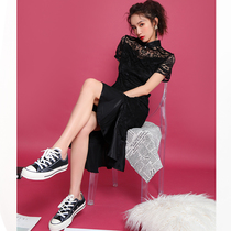 Black Republic of China style lace cheongsam young girl fish tail fashion medium long modified version of the dress retro female