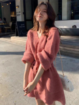 2022 spring and autumn new womens clothing small fragrant wind belt sweater skirt foreign style outerwear loose knitted dress