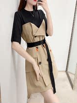 2021 summer new womens clothing temperament age reduction waist skirt spring and autumn tooling false two-piece splicing dress female