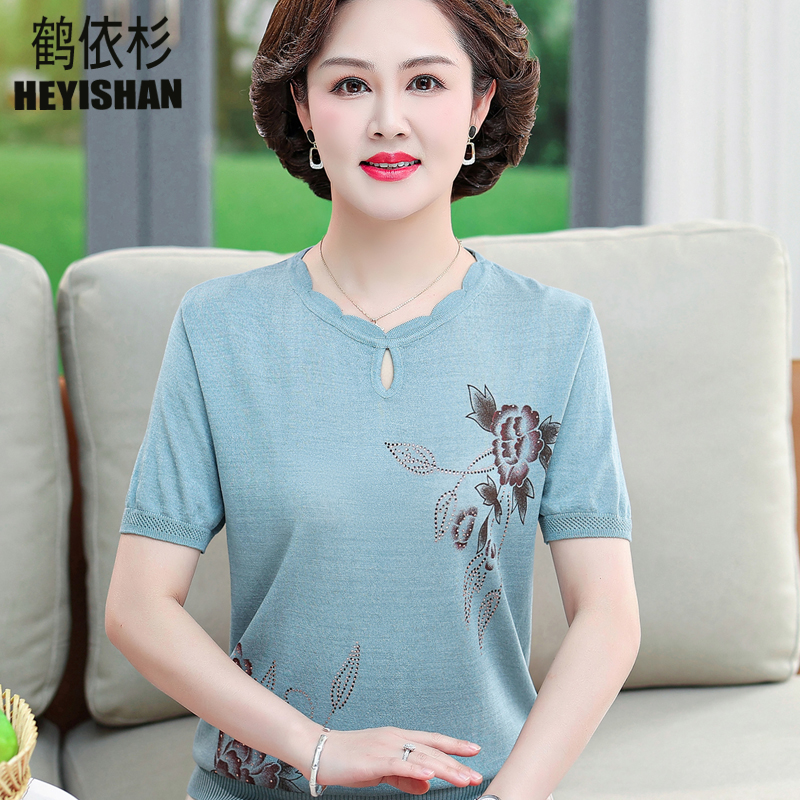 Mother's wear short-sleeved ice silk T-shirt middle-aged and elderly women's wild Western style small shirt summer new 50-year-old large size clothes