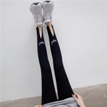 Front opening fork thread pure cotton beating bottom pants woman external wearing spring autumn new high waist display slim letter embroidery small foot 90% pants