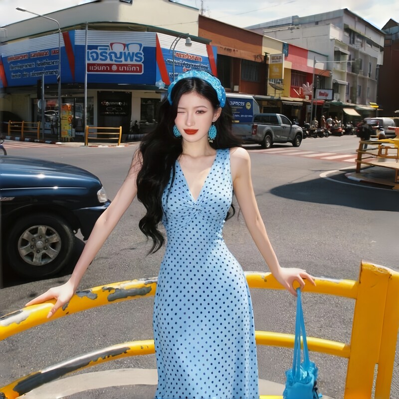 Island Vacation Style Blue Polka Dot V Neck Dress for Women in Early Spring, Beautiful Sleeveless Waist-Cinching Long Skirt, Atmospheric Skirt
