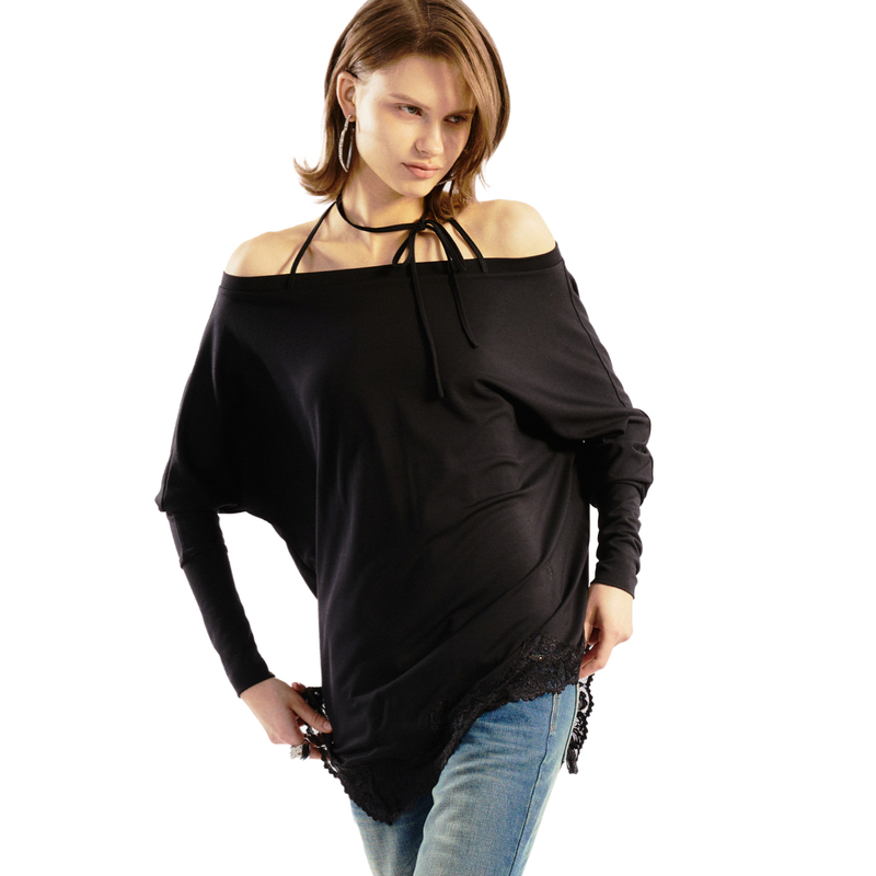 Aoanao "Twirl" Off-Shoulder Lace-Up Halter Neck Lace Top Long-Sleeve T-Shirt｜Top｜Black