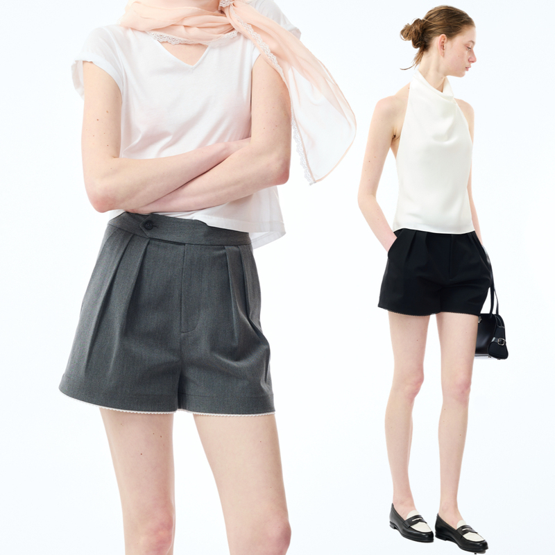 Aoanao Classic High-Waisted Double-Pleated Lace Shorts｜Bottoms｜Black/Gray