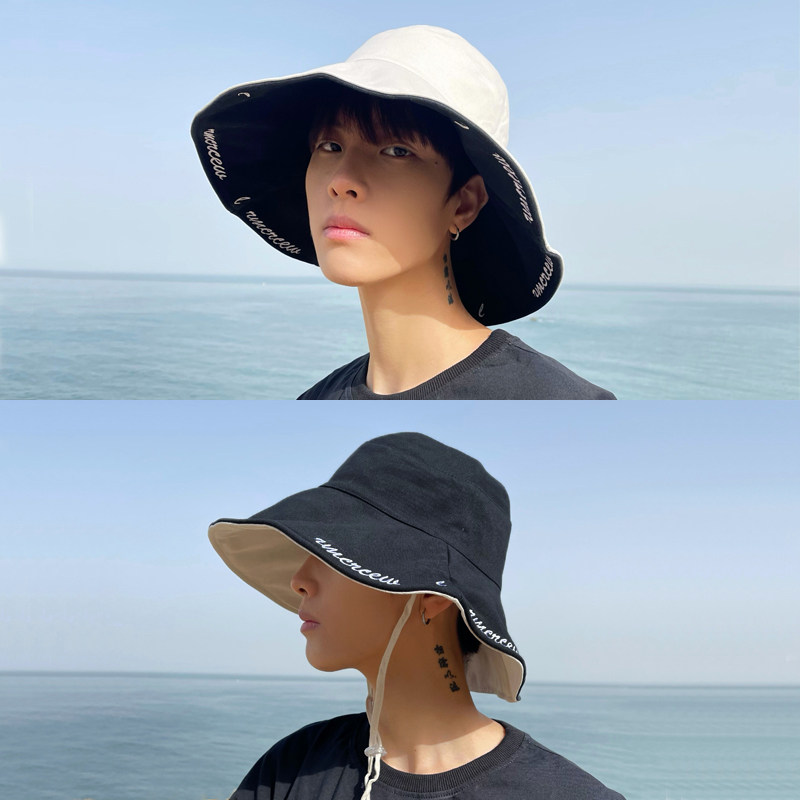 Sunscreen hat Men's tide summer double-sided windproof rope Fisherman hat Men's casual face-covering sun hat Men's visor hat