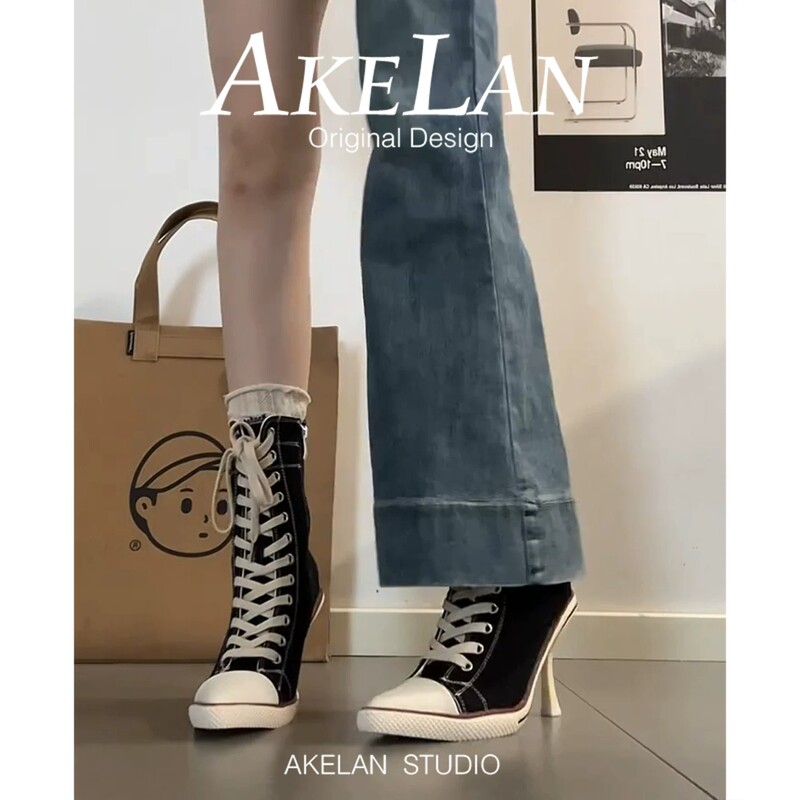 Sheepskin Version~Sweet and Cool Pointed-Toe Stiletto Canvas Boots for Women with Side Zipper, Mid-Calf Boots, Trendy High-Heeled Short Boots Sheepskin Version~Sweet and Cool Pointed-Toe Stiletto Canvas Boots for Women with Side Zipper, Mid-Calf Boots, Trendy High-Heeled Short Boots