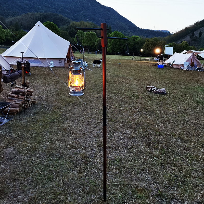 TNR Outdoor Camping Vintage Solid Wood Wrought Iron Bracket Three Sections Vintage Marquee Kerosene Lamp Camp Light Stand Long Light Pole
