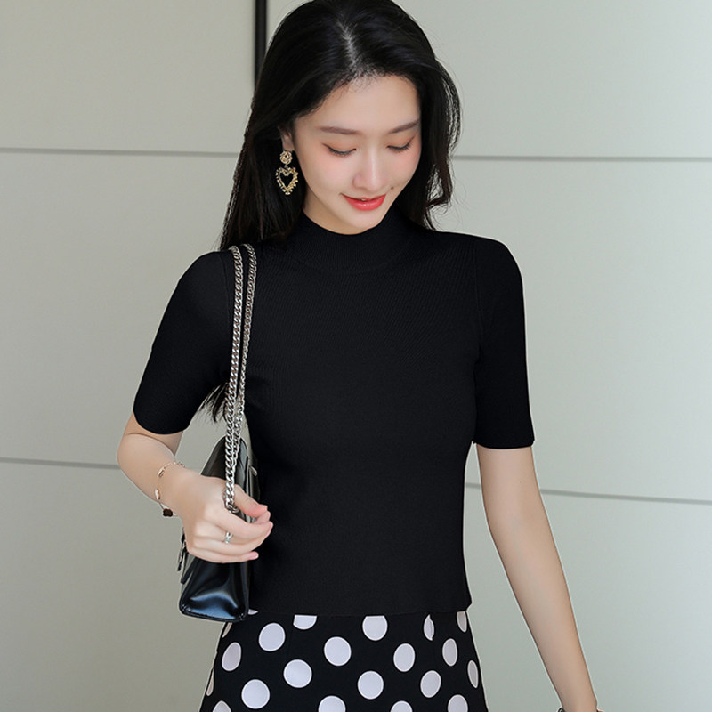 Short 50% sleeves Knitted Sweatshirt Blouse Women Thin early Spring Costume Slim Fit half high collar black Undershirt Woman