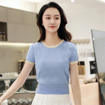Ice silk T-shirt womens short sleeve thin sweater summer 2021 New High waist slim design sense short top