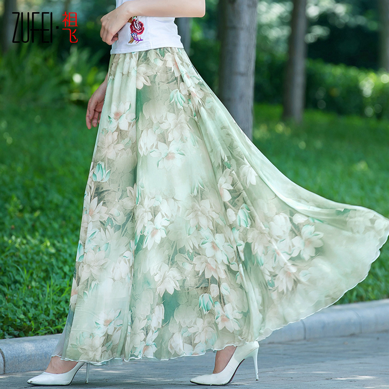 Bohemian Beach Long Skirt 2026 Summer Chiffon Skirt Fresh Print Elastic High Waist Large Hem Fairy Skirt