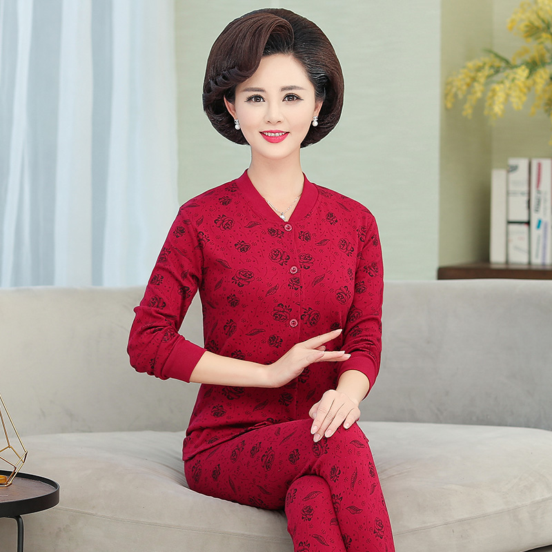 người trung niên và người già bông thẻ mở ấm đồ lót womens bông lớn đang cardigan quần mùa thu mỏng quần bông áo len set