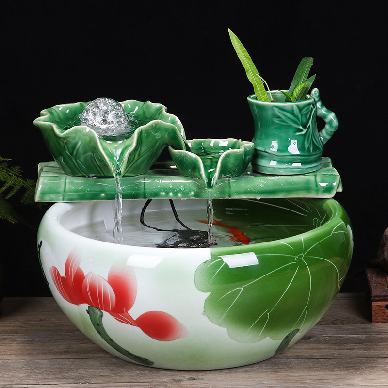 Ceramic water fountain fish tank Feng Shui lucky humidification large household fish pot water lily turtle tank decoration landscaping