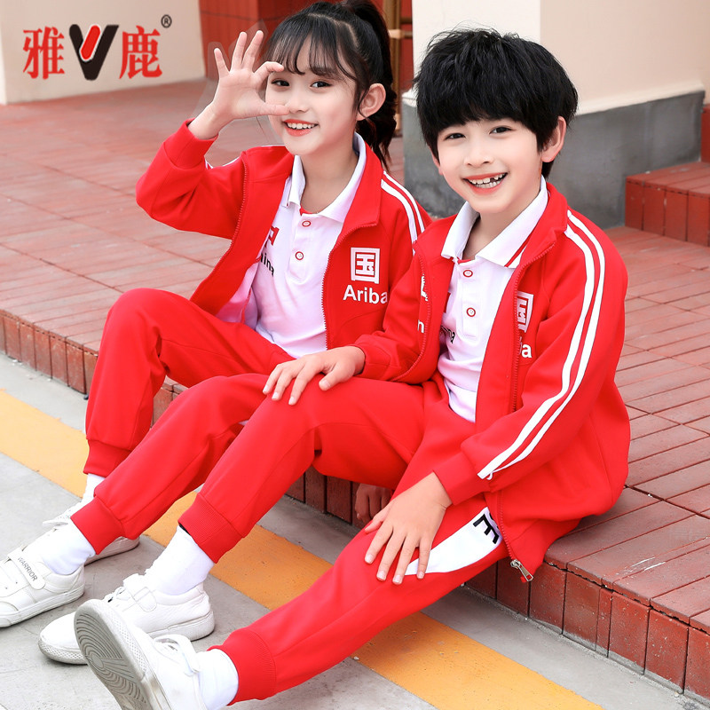 Kindergarten garden uniform spring and autumn suit class uniform primary school uniform Chinese children red sportswear three-piece set
