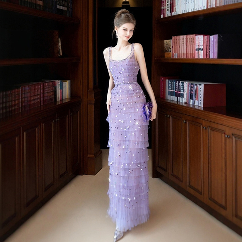 Engagement Purple Evening Dress for Women, High-End Light Luxury Niche Sexy Birthday Party Heavy-Duty Spaghetti Strap Rhinestone Dress