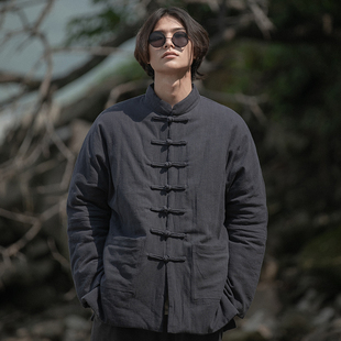 中式复古唐装中国风亚麻棉袄服男士盘扣茶服加厚冬季外套居士禅服