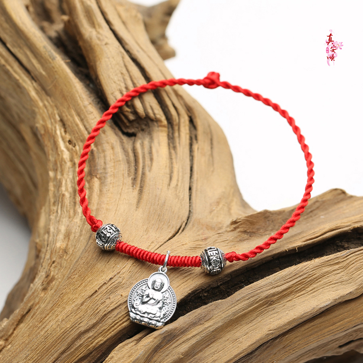Vòng chân năm sinh 999 sterling bạc đỏ dây đeo vòng tay màu đen hoang dã ngoài việc bảo trợ lợn quá già Amitovo vòng chân nữ bạc