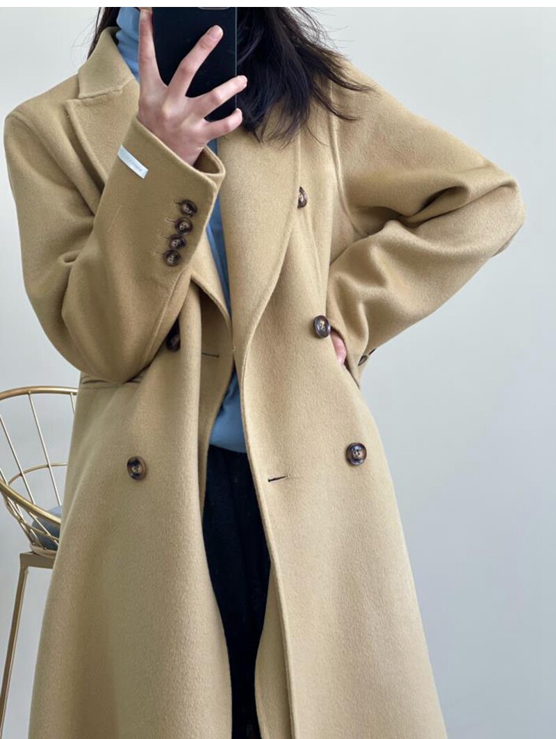 Double-sided cashmere big coat female medium long version 2021 New classic double-row buttoned camel colour double face fur coat daughter