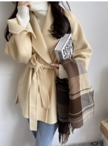 Goose yellow bifacial cashmere big coat woman short 2021 new loose lace thickened herringbone textured fur coat