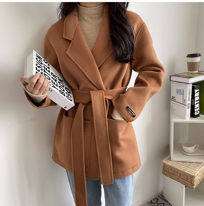 Short double face cashmere big coat woman 2021 new Korean version long sleeve orange red lace double face fur coat