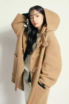 Korea SP autumn and winter loose hooded thick horn buckle jacket women handmade solid color double-sided cashmere coat women short