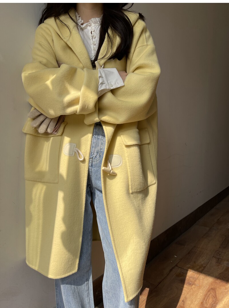 Even hat-horn button bifacial cashmere dresses The long version of the new South Korean high-end thickened Mao jacket 2021