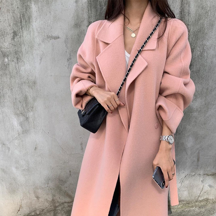 Pink Double Face Cashmere Big Coat Woman Mid 2021 New Korean version Side open fork with small fur coats women