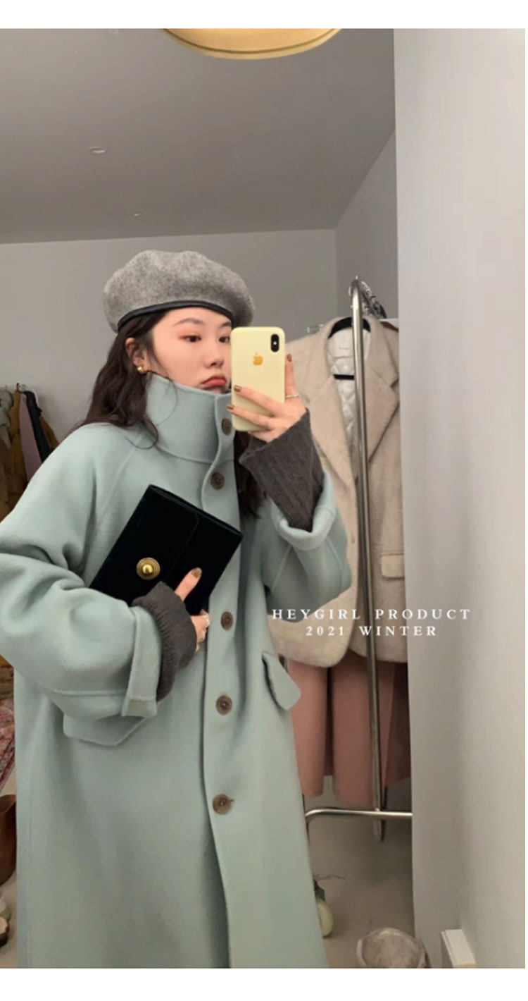 Stand collar double-sided cashmere coat women's mid-length 2023 new bubble pie women's cream blue loose woolen coat women