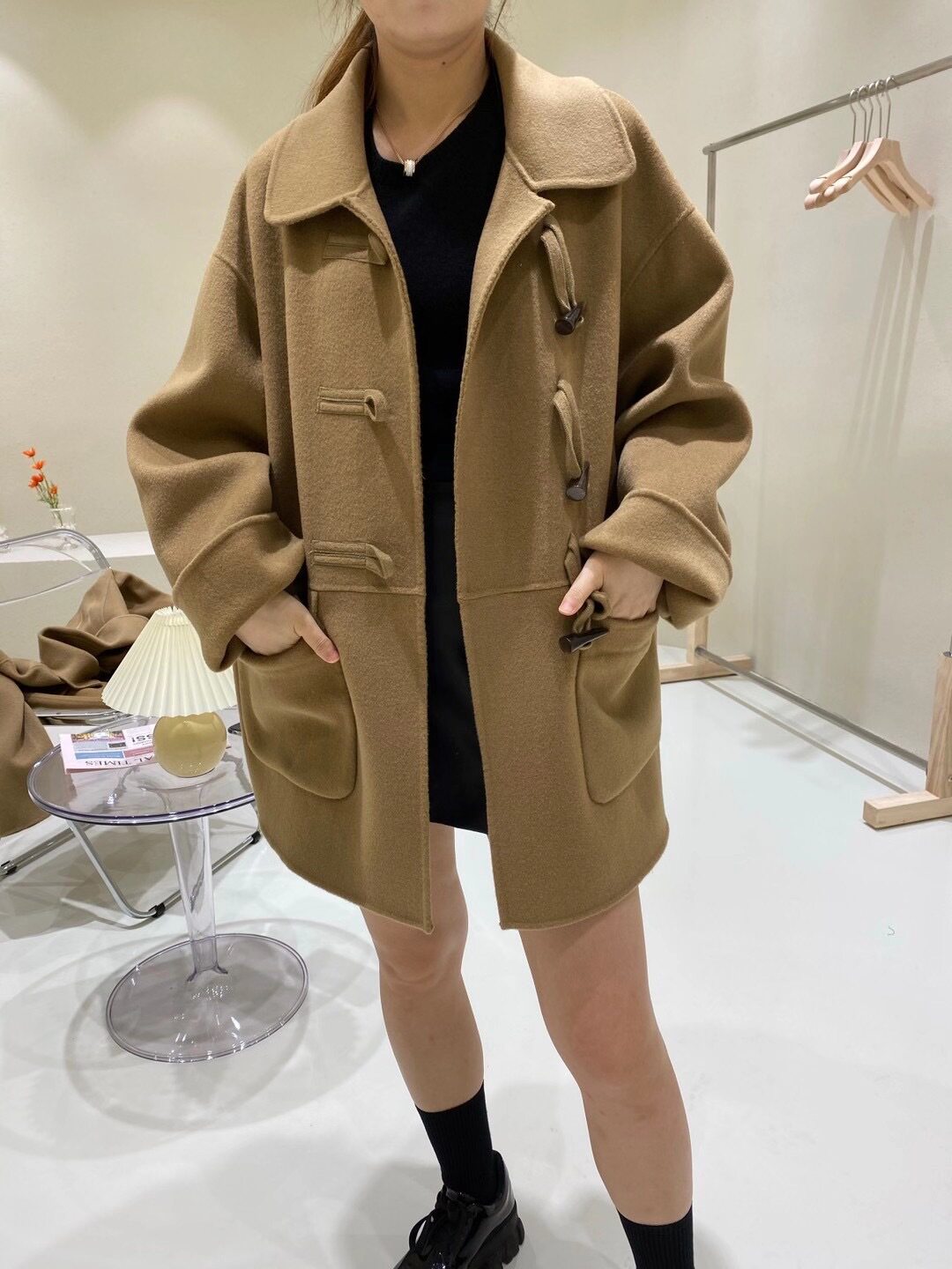 Horn buckle Double face cashmere big coat Girl short 2021 New Korean version Loose Reduction School Wind Fur Coats